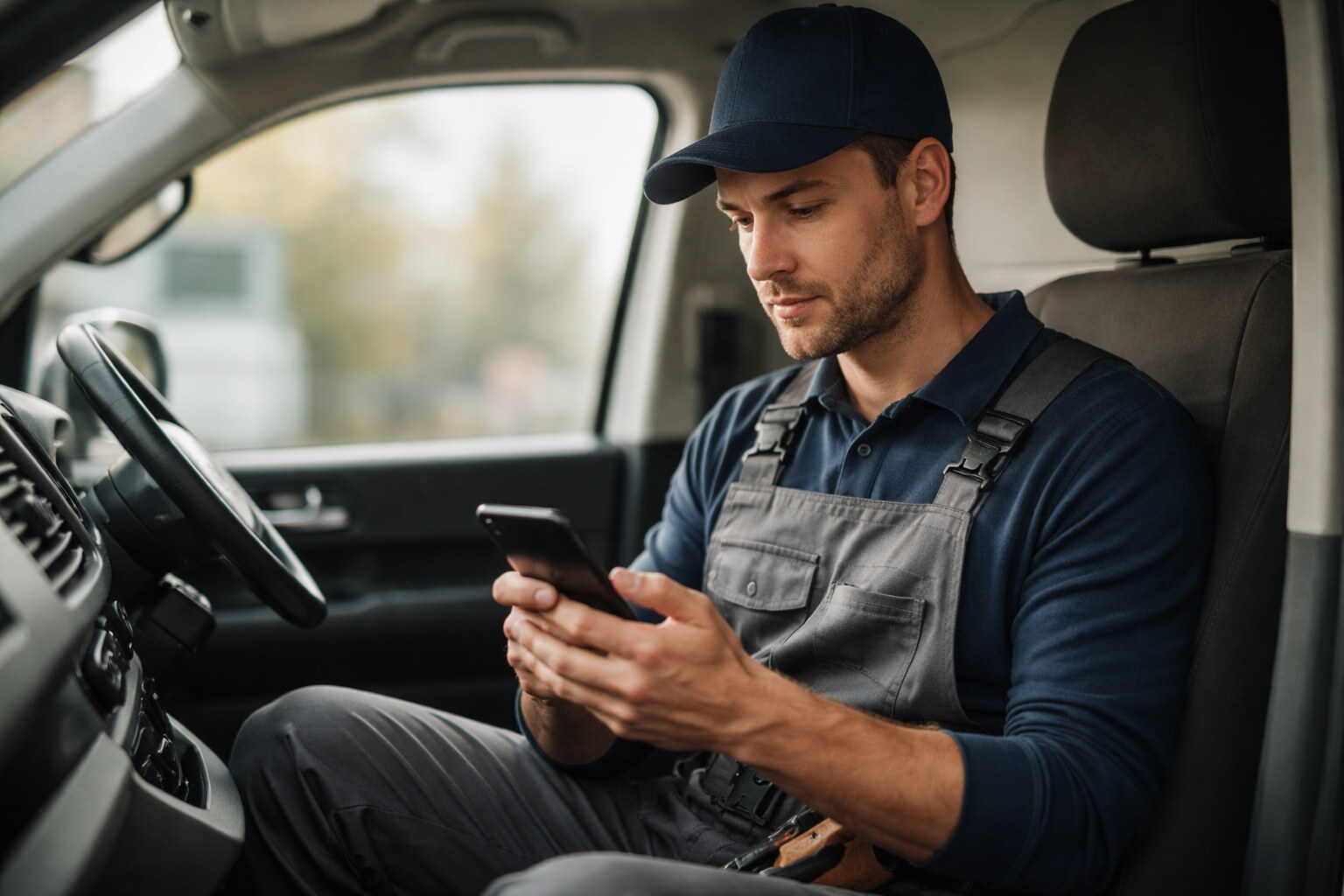 A trade contractor reviewing job details on their phone