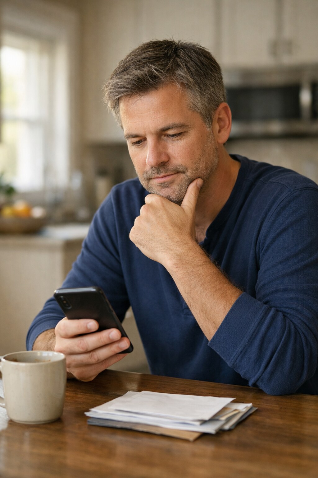 A homeowner reading an estimate on their phone at the kitchen table